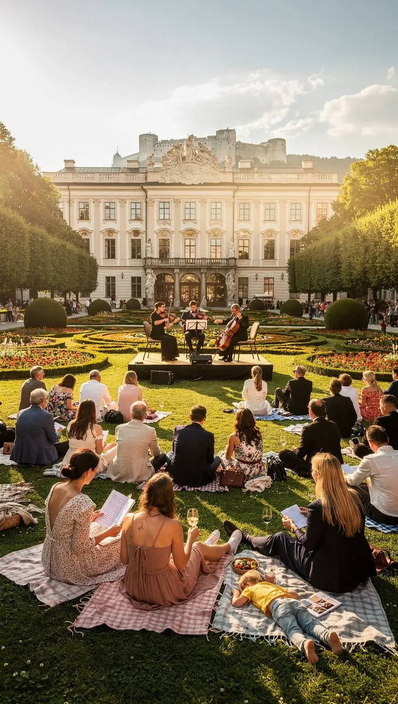 Straßenszene im Mozartviertel mit Fußgängern und traditionellen Cafés.